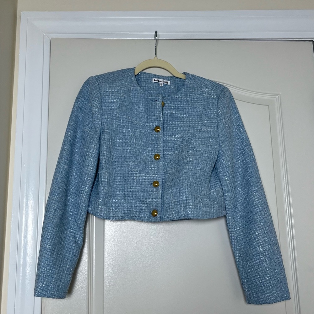 Reformation Trista Tweed Jacket in Blue Size XS - Picture 2 of 4